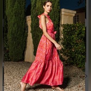 Stunning cleobella halter neck dress in silk orange and pink print - Euc Large